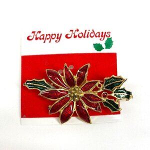 Holiday Poinsettia Pin Red, Green, Gold Enamel & Metal 2" NWOT